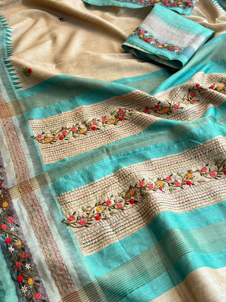 Pure Tussar Linen Silk Saree with Hand Knot & Katha Work