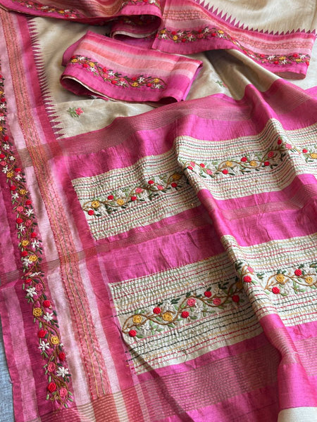 Pure Tussar Linen Silk Saree with Hand Knot & Katha Work