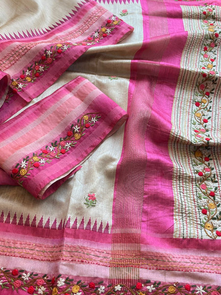 Pure Tussar Linen Silk Saree with Hand Knot & Katha Work