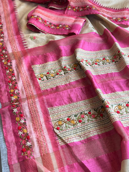 Pure Tussar Linen Silk Saree with Hand Knot & Katha Work