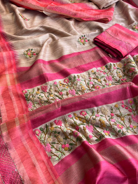 Pure Tussar Linen Silk Saree with Hand Knot & Katha Work