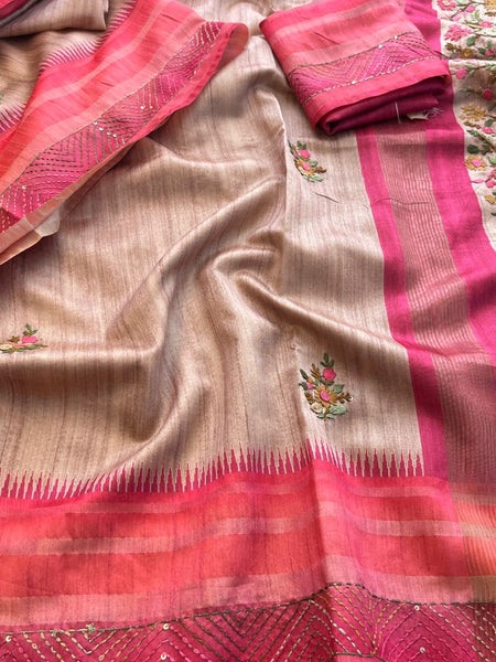 Pure Tussar Linen Silk Saree with Hand Knot & Katha Work