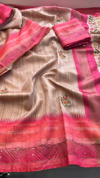 Pure Tussar Linen Silk Saree with Hand Knot & Katha Work