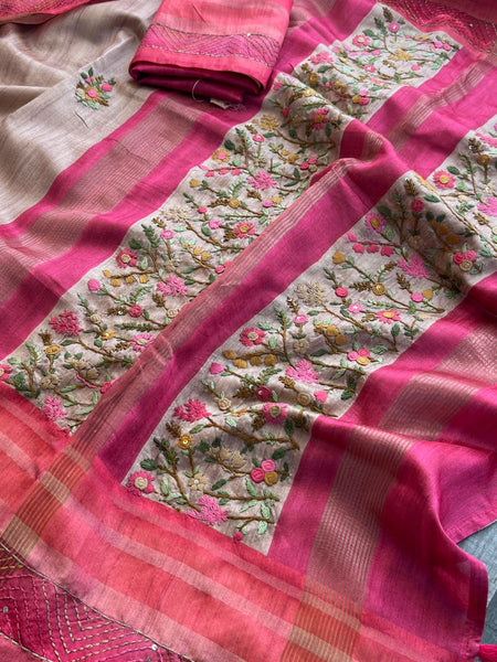 Pure Tussar Linen Silk Saree with Hand Knot & Katha Work