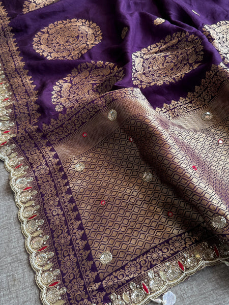 Munga Silk Saree with Zardozi, Pearl & Kutdana Embroidery