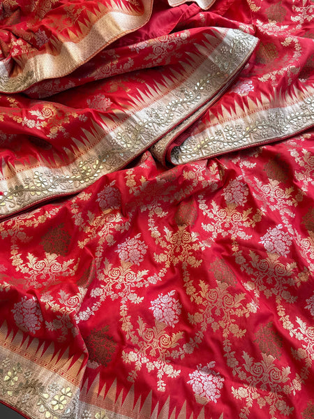 Pure Katan Silk Banarasi Saree with Zardozi Sequins Pearl and Gotta Patti Hand Embroidery