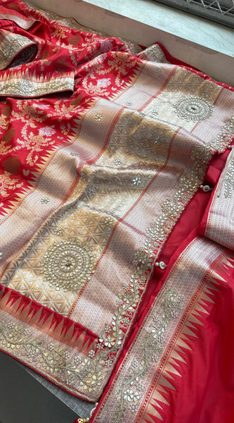 Munga Patola Silk Saree with Gotapatti & Pearl Embroidery