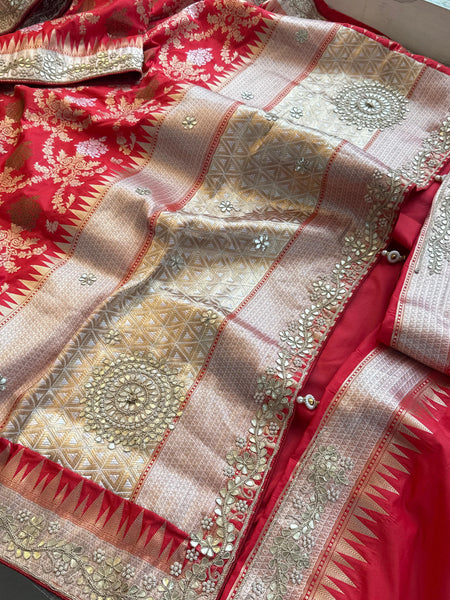 Pure Katan Silk Banarasi Saree with Zardozi Sequins Pearl and Gotta Patti Hand Embroidery