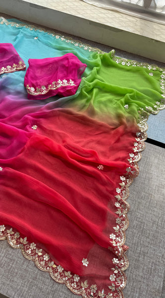 Chiffon Saree with Zardozi, Pearl & Gotapatti Highlights