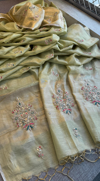 Tissue Linen Banarasi Silk Saree with Zardozi & Pearl Work