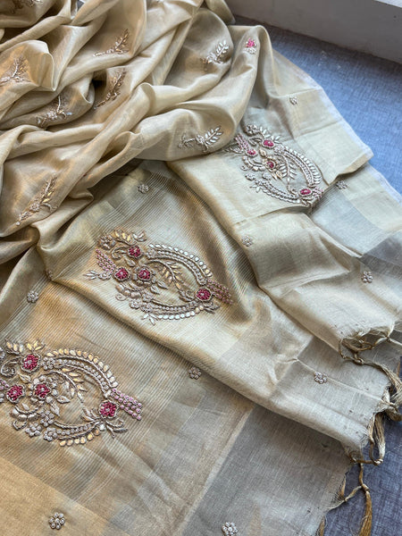 Tissue Linen Banarasi Silk Saree with Zardozi & Pearl Work