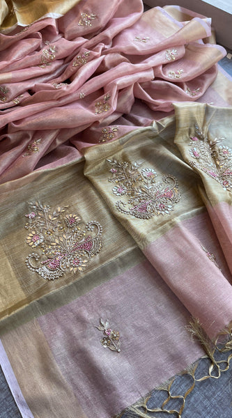 Tissue Linen Silk Banarasi Saree with Pearl & Resham Work