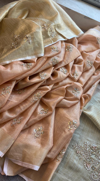 Tissue Linen Silk Banarasi Saree with Pearl & Resham Work