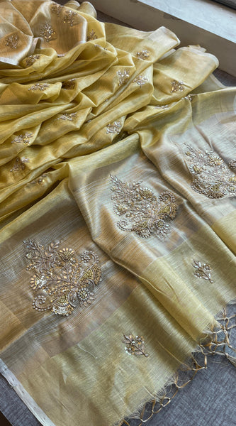 Tissue Linen Silk Banarasi Saree with Pearl & Resham Work