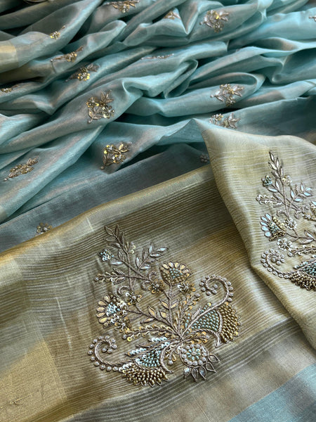 Tissue Linen Silk Banarasi Saree with Pearl & Resham Work