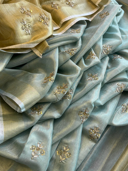 Tissue Linen Silk Banarasi Saree with Pearl & Resham Work