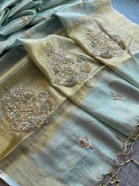 Tissue Linen Silk Banarasi Saree with Pearl & Resham Work