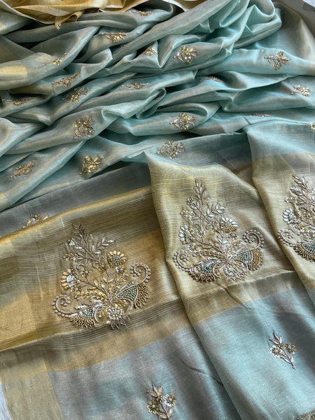 Tissue Linen Silk Banarasi Saree with Pearl & Resham Work
