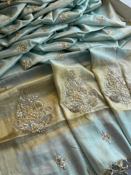Tissue Linen Silk Banarasi Saree with Pearl & Resham Work