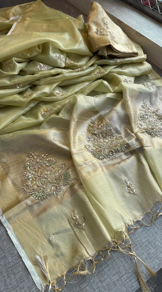 Tissue Linen Silk Banarasi Saree with Pearl & Resham Work