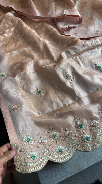 Soft Tissue Banarasi Silk Saree with Pearl & Gotapatti Embroidery