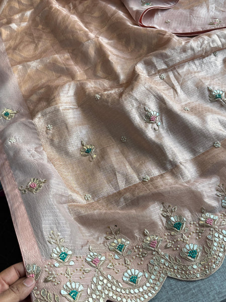Soft Tissue Banarasi Silk Saree with Pearl & Gotapatti Embroidery