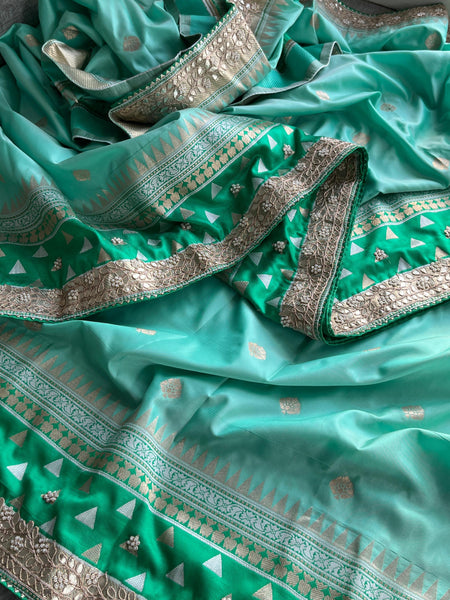 Pure Katan Silk Banarasi Saree with Zardozi, Sequins, Pearl & Gotta Patti Hand Embroidery – Emerald & Sea Green