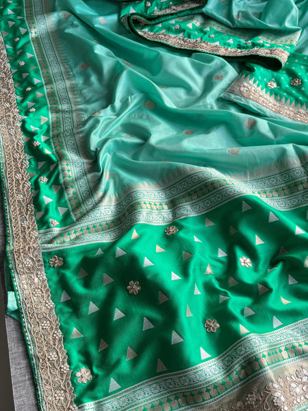 Pure Katan Silk Banarasi Saree with Zardozi, Sequins, Pearl & Gotta Patti Hand Embroidery – Emerald & Sea Green