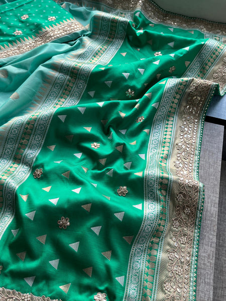 Pure Katan Silk Banarasi Saree with Zardozi, Sequins, Pearl & Gotta Patti Hand Embroidery – Emerald & Sea Green
