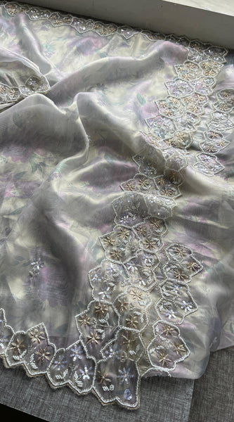 Soft Tissue Net Saree with Zardozi, Pearl & Kutdana Embroidery