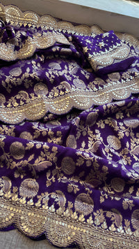 Pure Khaddi Georgette Banarasi Saree with Handcrafted Gota Patti Zardozi Sequins and Pearl Embroidery
