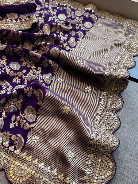 Pure Khaddi Georgette Banarasi Saree with Handcrafted Gota Patti Zardozi Sequins and Pearl Embroidery