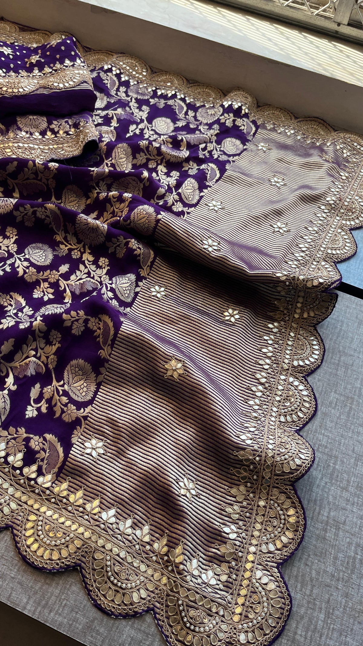 Pure Khaddi Georgette Banarasi Saree with Handcrafted Gota Patti Zardozi Sequins and Pearl Embroidery