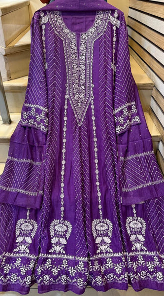 Mul Chanderi Anarkali Suit Set with Mukaish Embroidery