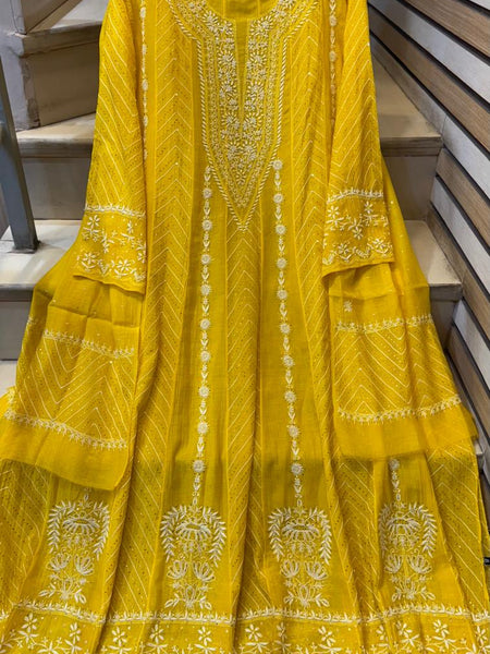 Mul Chanderi Anarkali Suit Set with Mukaish Embroidery