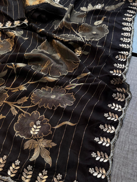 Pure Crepe Silk Banarasi Saree with Zardozi, Pearl & Sequins Work