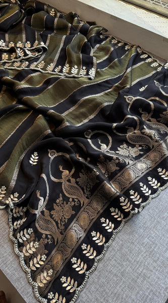 Pure Crepe Silk Banarasi Saree with Zardozi, Pearl & Sequins Work