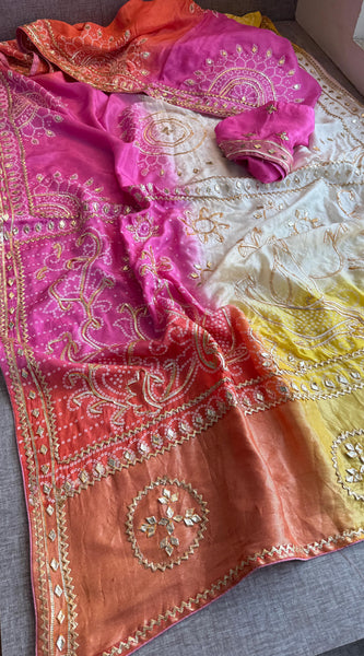 Pure Munga Silk Saree with Traditional Sikhiya Gotapatti Work