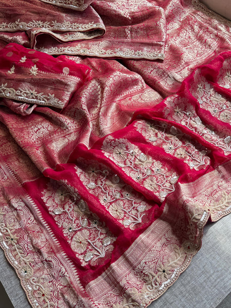 Khaddi Georgette Banarasi Silk Saree with Zardozi & Premium Stone Work