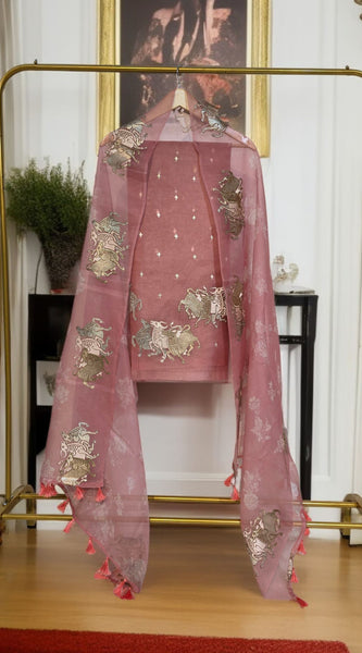Pure Organza Silk Triple Bail Embroidered Suit with Printed Dupatta
