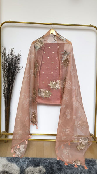 Pure Organza Silk Triple Bail Embroidered Suit with Printed Dupatta