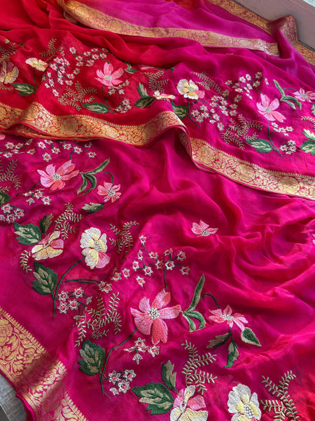 Pure Chinon Crepe Banarasi Saree with Multi-Thread Embroidery