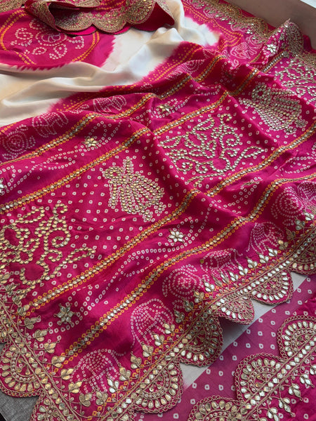 Ivory and Rani Pink Pure Munga Silk Saree with Handcrafted Gota Patti Embroidery