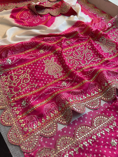 Ivory and Rani Pink Pure Munga Silk Saree with Handcrafted Gota Patti Embroidery