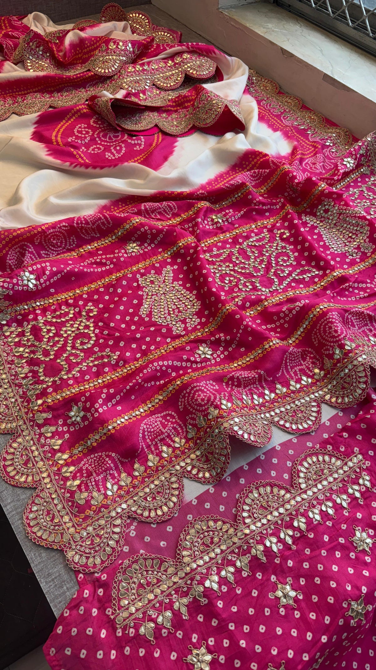 Ivory and Rani Pink Pure Munga Silk Saree with Handcrafted Gota Patti Embroidery