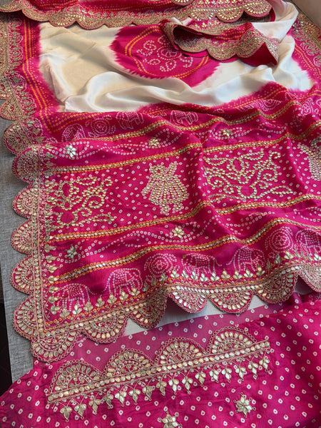 Ivory and Rani Pink Pure Munga Silk Saree with Handcrafted Gota Patti Embroidery
