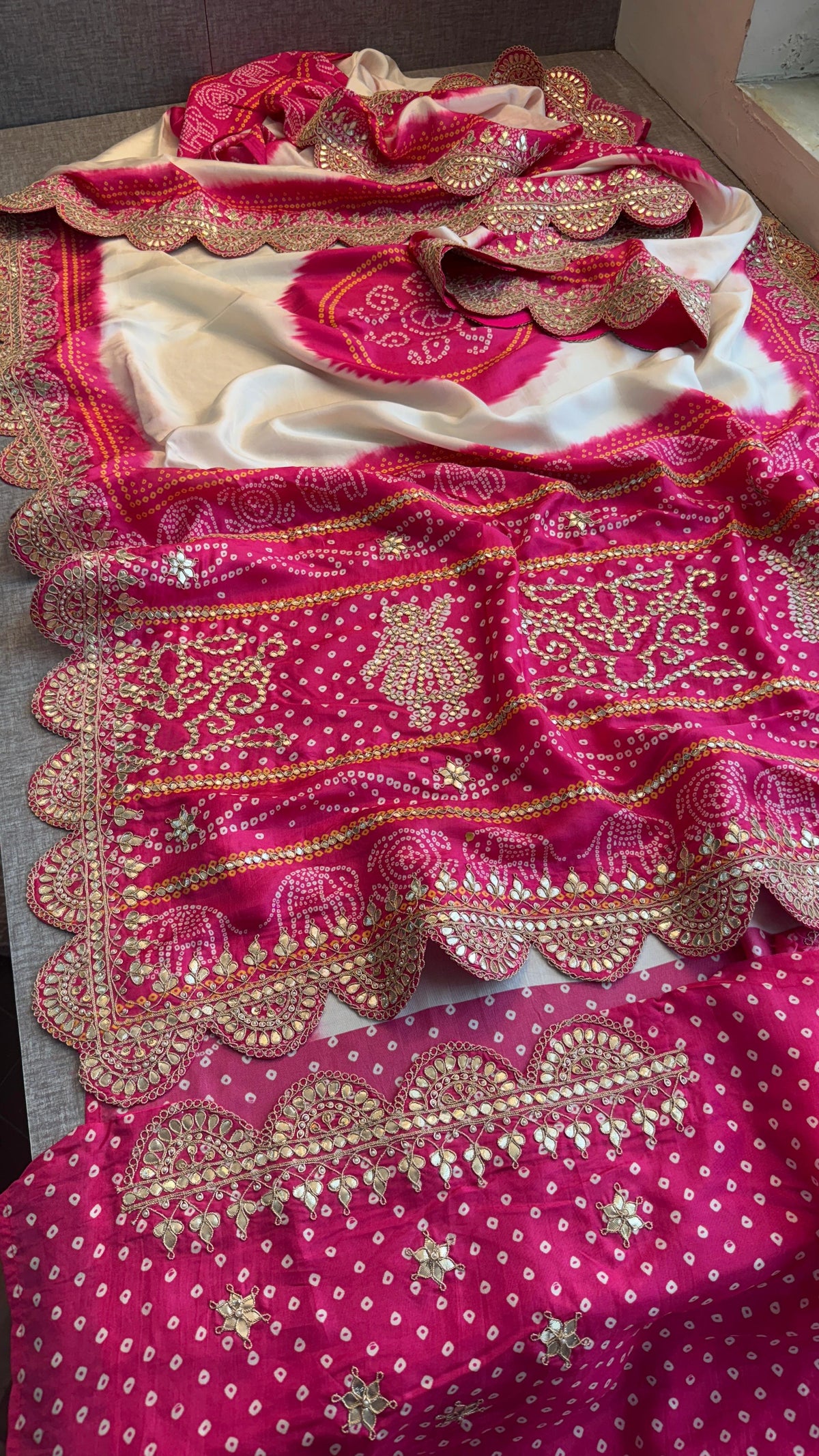 Ivory and Rani Pink Pure Munga Silk Saree with Handcrafted Gota Patti Embroidery