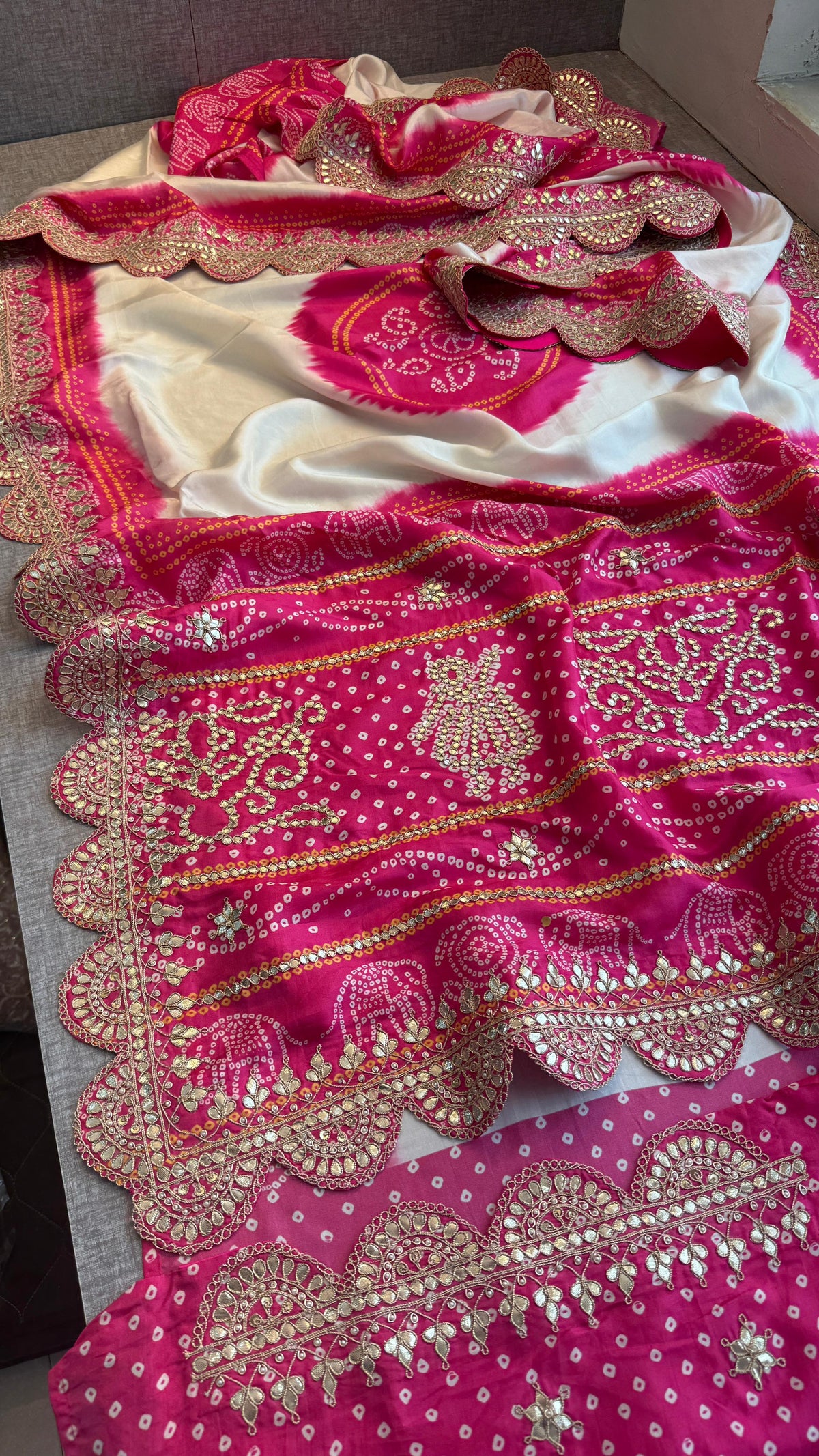 Ivory and Rani Pink Pure Munga Silk Saree with Handcrafted Gota Patti Embroidery