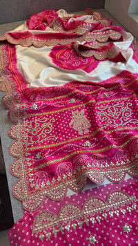 Ivory and Rani Pink Pure Munga Silk Saree with Handcrafted Gota Patti Embroidery