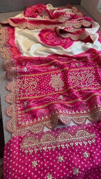 Ivory and Rani Pink Pure Munga Silk Saree with Handcrafted Gota Patti Embroidery